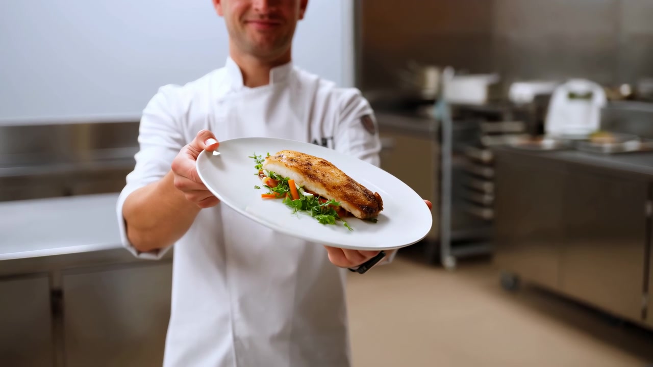 White Chef Presenting Plated Fish In Commercial Stainless Kitchen, Executive Chef Smiling While Offering