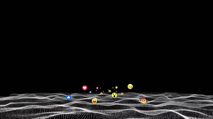 Emoji-Symbole fliegen über Wellen auf schwarzem Hintergrund