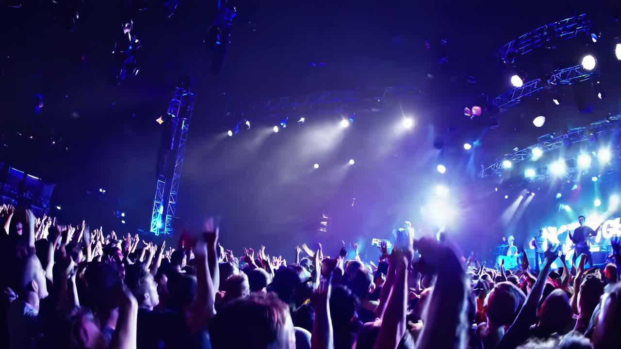 Concetto video dinamico di una folla a un concerto da una angolazione dal basso, che cattura luci vivaci e mani alzate