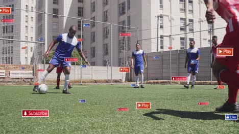 animation of social media icons over diverse male soccer players playing soccer on sports field