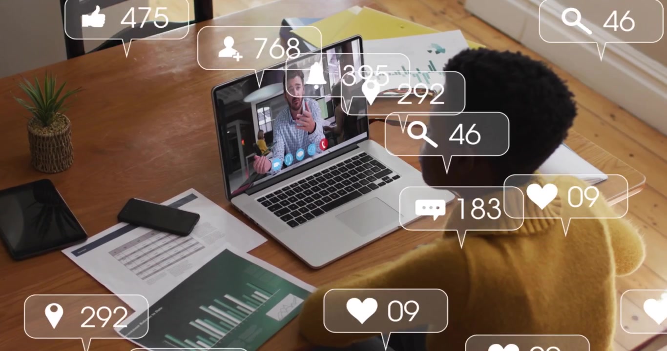 woman launching conference call and monitoring floating social media metrics during tech meeting
