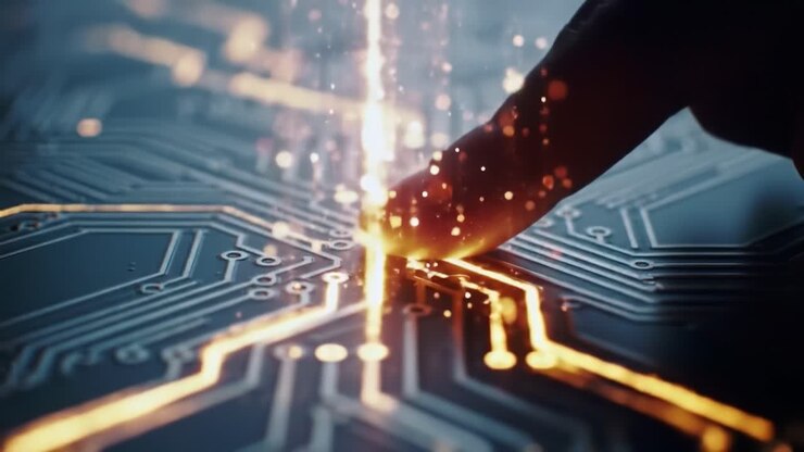 A hand reaches out to touch a glowing circuit board, highlighting the interaction between technology and humanity. This moment captures the beauty of innovation and design.