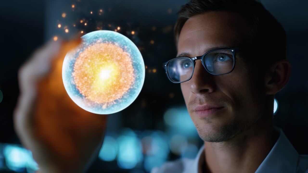 Una persona concentrata fissa intensamente una sfera olografica, mostrando un'accattivante rappresentazione di particelle luccicanti che simboleggiano l'innovazione e la scoperta