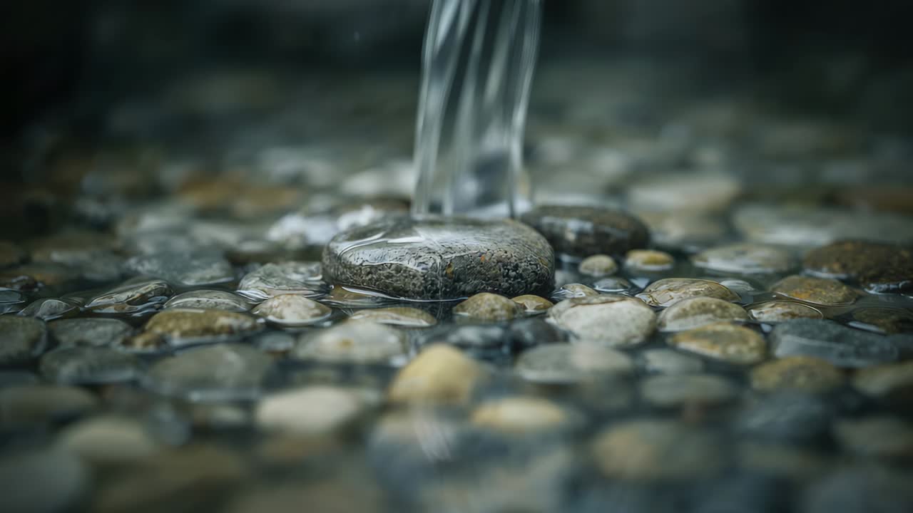 Pouring column of water striking flat central pebble at shallow pebble bed, creating ripples