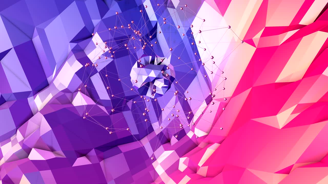 Abstract simple blue red low poly 3D surface as space background. Soft geometric low poly motion background with pure blue red polygons. 4K Fullhd seamless loop background with gradient blue red