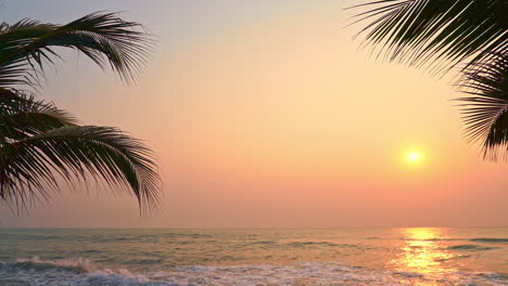 Palm-tree-branches-frame-a-pink-and-orange-tropic-ocean-sunset