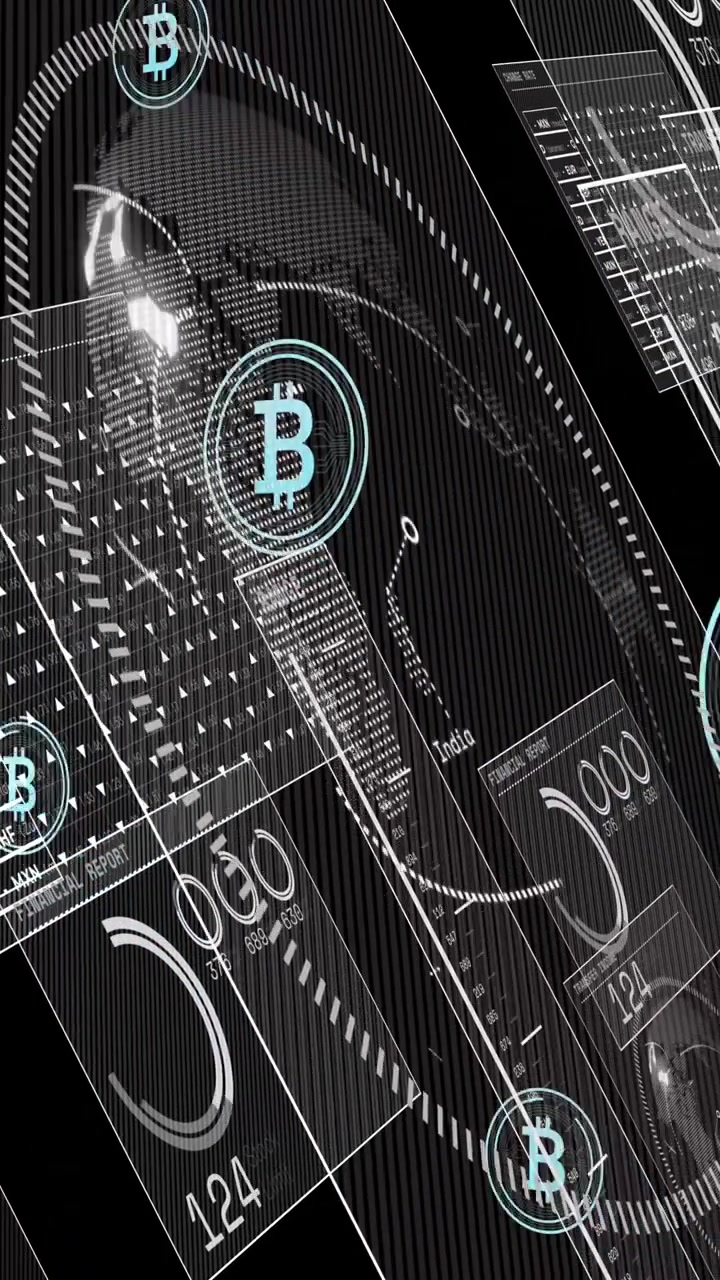 Animation of bitcoin symbols floating over interface with data processing against black background
