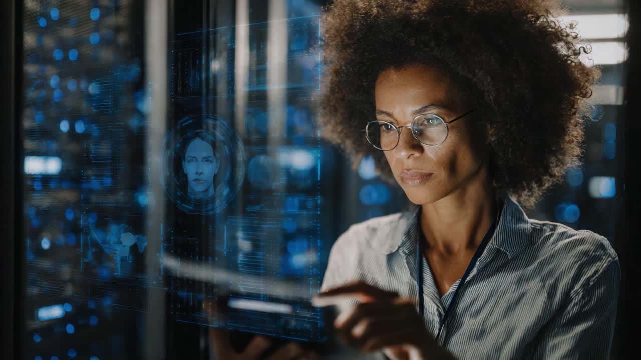 A focused data analyst examines digital representations of information, exploring data visualizations and insights from advanced technology systems in a high-tech environment