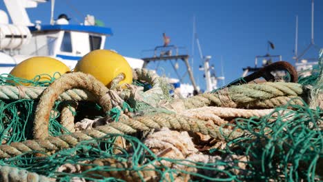fishing nets and ropes at a harbor