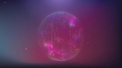 Animation-of-spinning-globe-of-connections-with-particles-over-pink-background