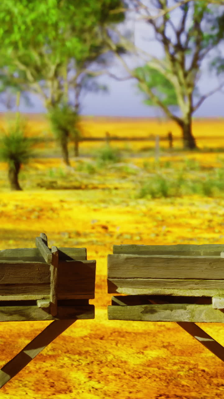 Paysage vibrant mettant en valeur des auges en bois rustiques sous un soleil éclatant
