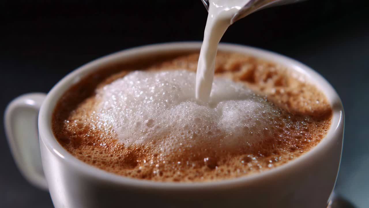 Close-up of latte with milk being poured in