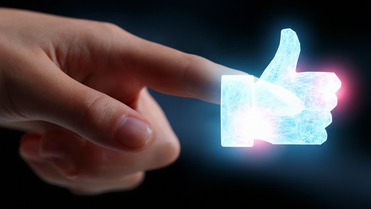 A Futuristic Interaction: Illuminated Hand Touching a Digital Thumbs-Up Symbol Representing Social Media Engagement and Connection Through Technology