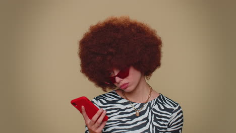 sad young woman use smartphone, loses becoming surprised sudden lottery results, bad fortune, loss