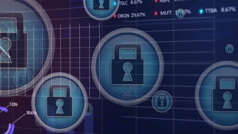 Animation-of-padlock-in-circles,-graphs-and-trading-boards,-computer-language-over-black-background