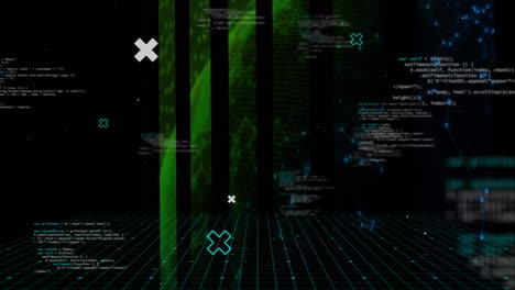 animation of data processing and shapes on black background