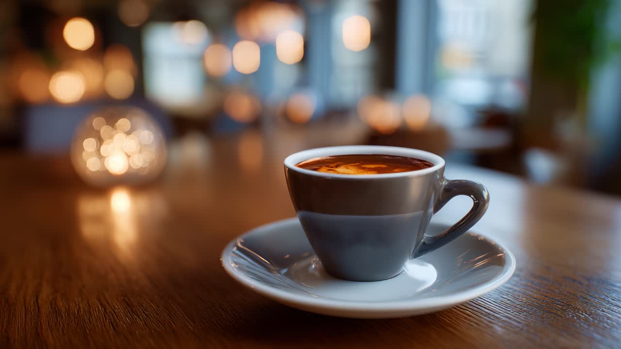Un primo piano accattivante di una tazza di caffè su un tavolo, che mette in risalto la ricchezza della bevanda e l'atmosfera di un ambiente da bar accogliente