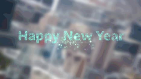 Happy-new-year-text-over-fireworks-bursting-against-aerial-view-of-cityscape