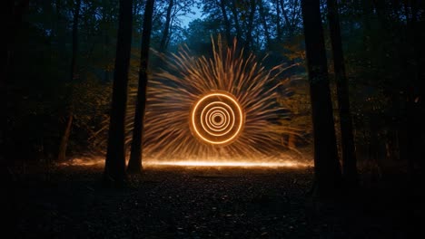 magical light patterns emerge in a dark forest as sparks create a mesmerizing circular display of fireworks and illuminated swirls amidst the trees