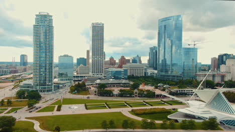 aerial shot of downtown milwaukee skyline and art museum