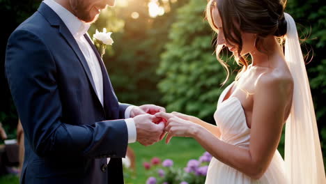 couple exchanging rings in a garden setting