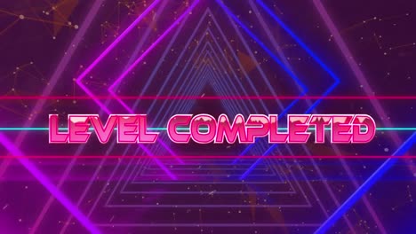 Animation-of-level-completed-text-banner-over-neon-tunnel-in-seamless-pattern-and-abstract-shapes