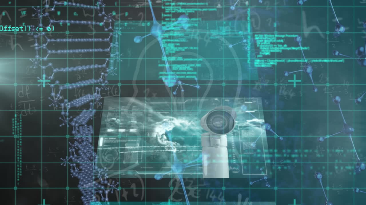 파란색 배경에서 데이터 처리와 함께 화면에서 분자 및 dna 구조의 애니메이션