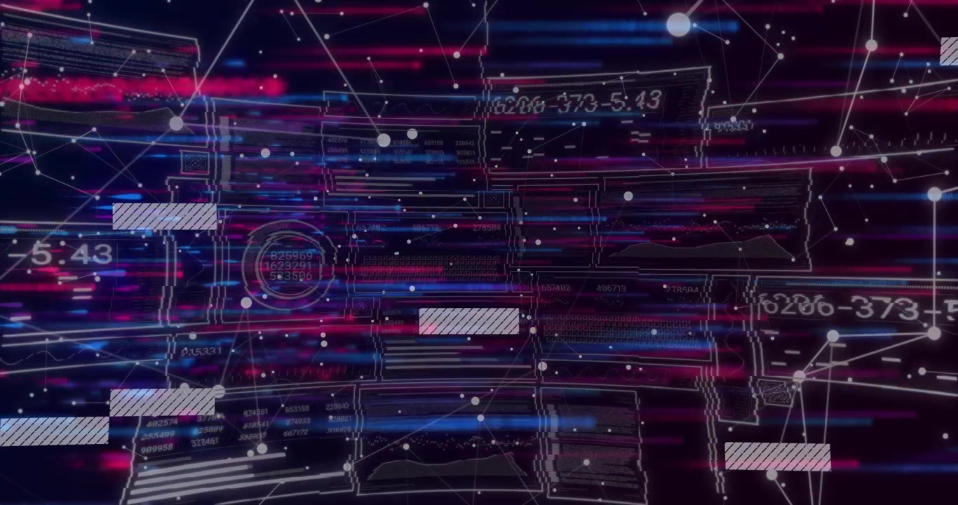 Red and blue streams sweeping grid, blocks fading, shifting codes, nodes pulsing mapping data flow