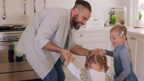 Dancing-dad,-happy-bonding-with-kids-in-home