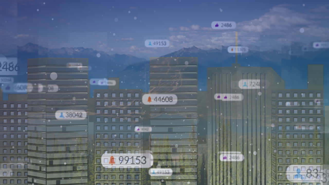 도시 풍경 위의 미디어 아이콘의 애니메이션