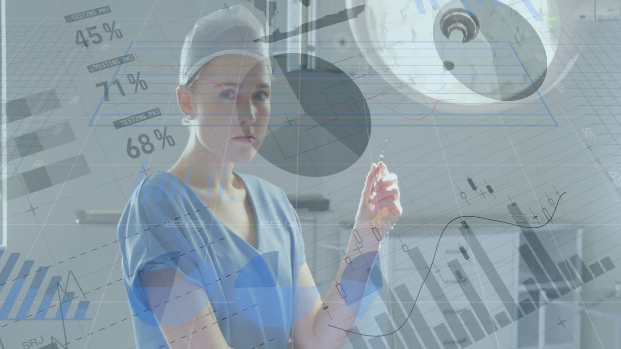 Animation of statistics and data processing over caucasian female surgeon