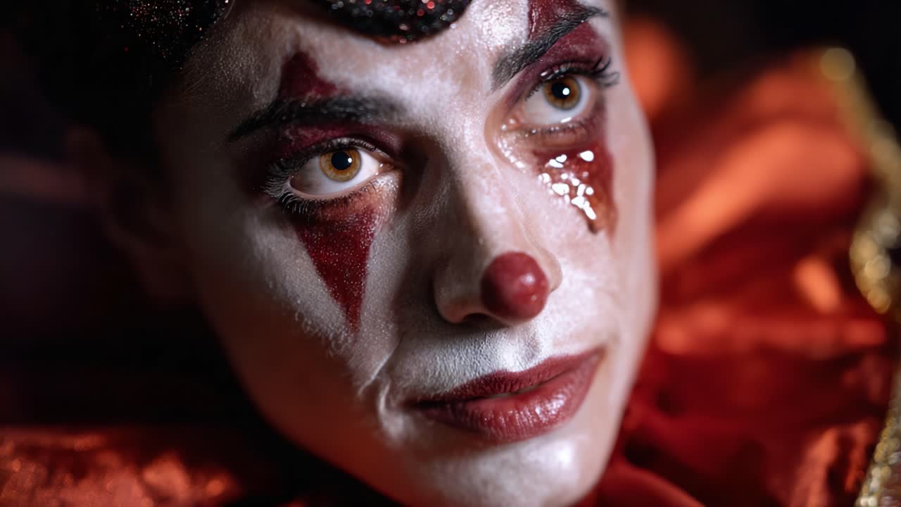 Emotional close-up of a performer with colorful clown makeup, showcasing artful details of the face, expressing a poignant moment captured in a mesmerizing gaze