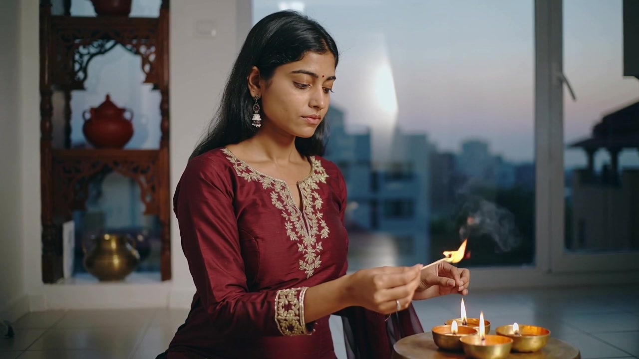 Donna in kurta bordeaux che accende diya di ottone con una fiamma su un tavolino basso vicino alla finestra per un rituale.