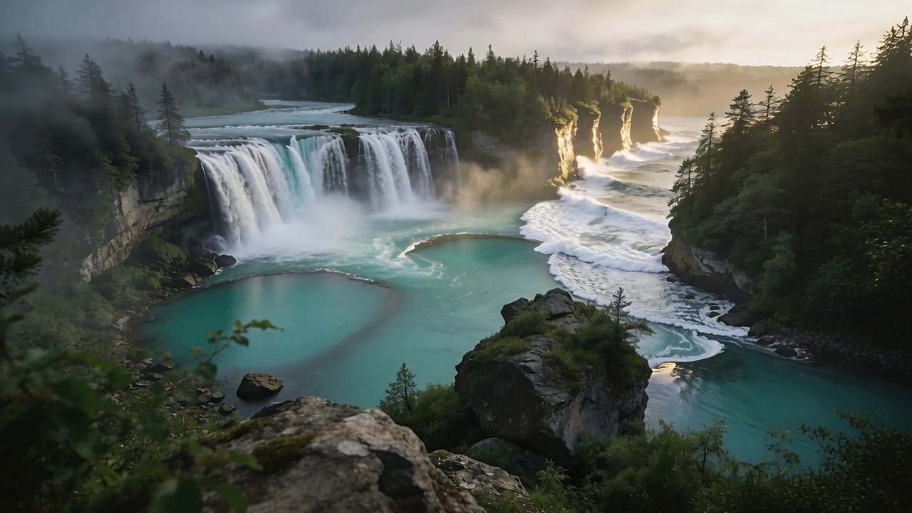 Panning camera revealing waterfall falling to turquoise plunge pool in gorge, sun breaking clouds