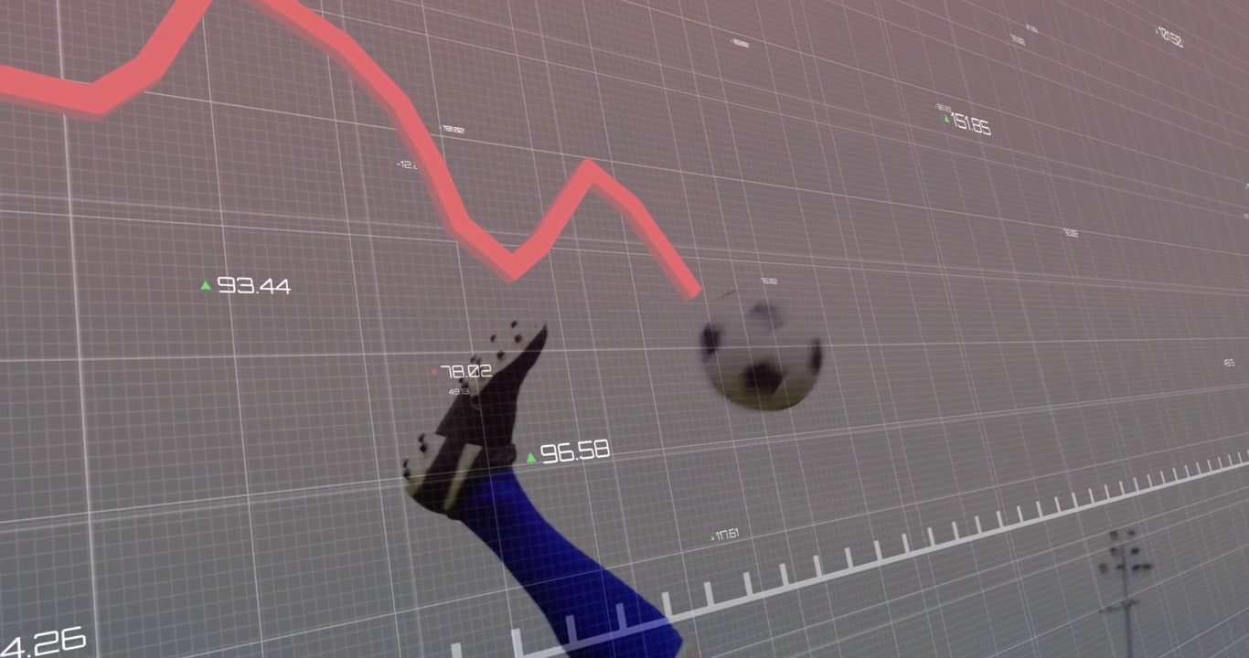 Calciatore che nota il pallone attraversare una griglia di grafico a linea rossa ed esegue una rovesciata.