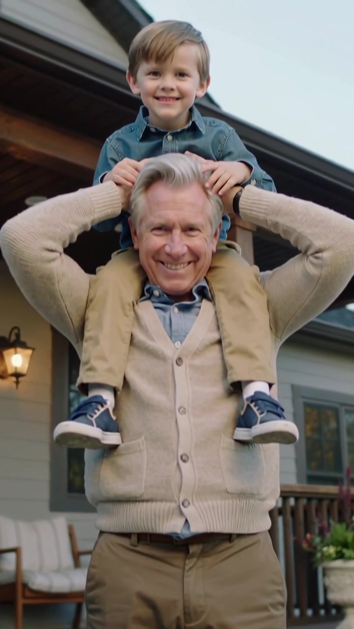 Vertical video: Pulling back camera, man in cardigan holding child on shoulders on porch, posing