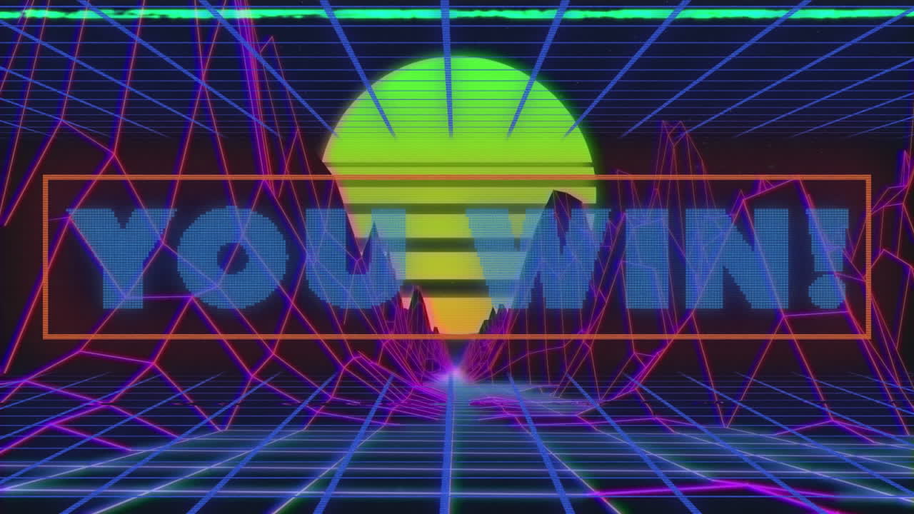 animación del texto azul que ganas, sobre la cuadrícula del valle púrpura y el sol verde