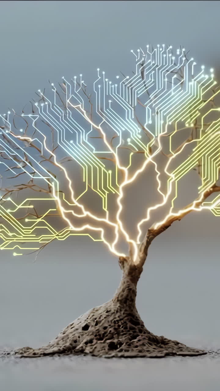 Lit circuit-patterned tree. A small tree with glowing circuit designs represents the fusion of nature and technology in a minimalistic setting.