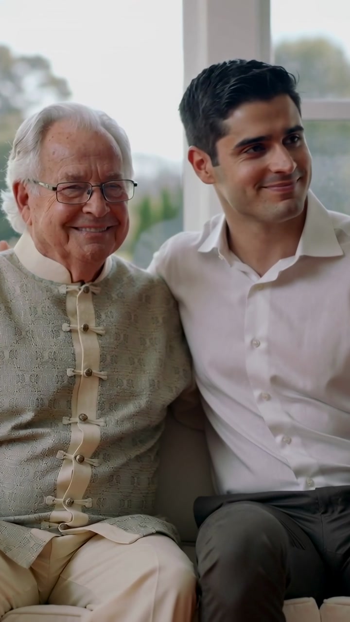 Senior man wearing jacket and son exchanging smiles, son placing arm on shoulder on sofa comforting
