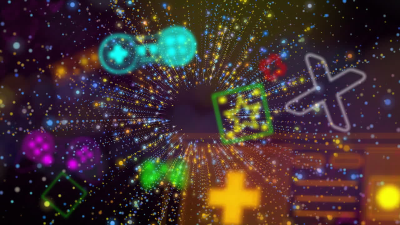 Colorful geometric shapes and symbols animation over starburst pattern