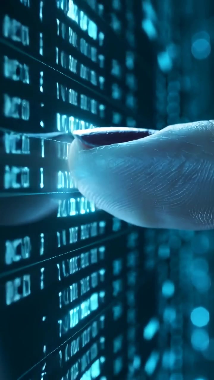 Vertical video: Touching red nail finger sliding on data panel in lab, selecting via cyan streaks