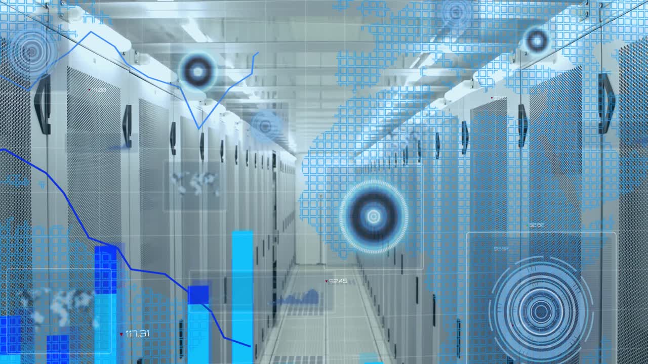 통계 데이터 처리 및 둥근 스캐너 세계 지도에 대 한 빈 컴퓨터 서버 방