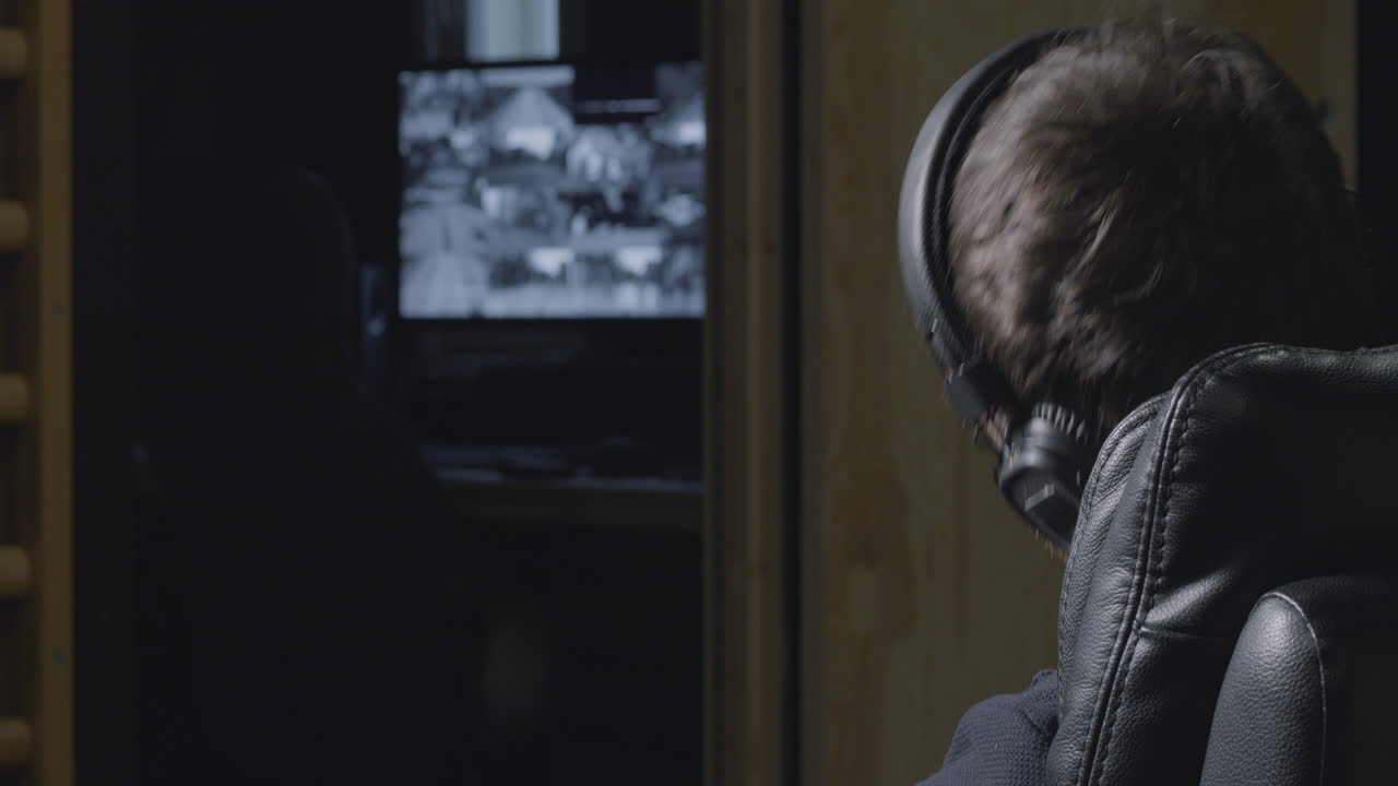 el guardia de seguridad se queda dormido frente a la pantalla de la cámara y se despierta.