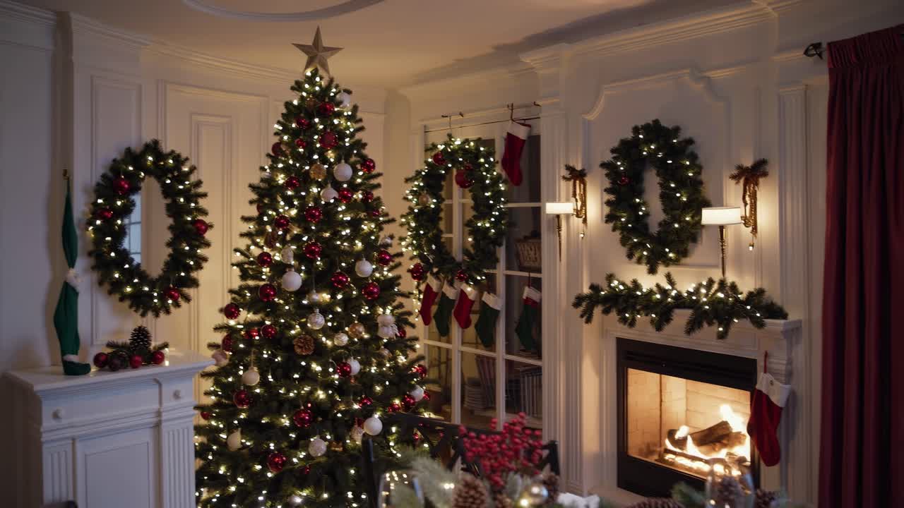 Cozy holiday living room with a decorated Christmas tree and wreaths