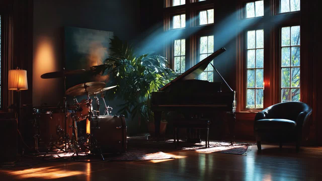 A Cozy Music Corner Featuring a Grand Piano and Drums Illuminated by Sunlight Filtering Through Large Windows in a Warm, Inviting Room