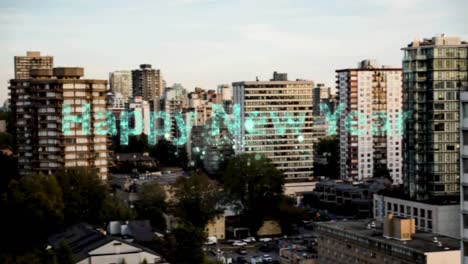 texto de feliz año nuevo sobre fuegos artificiales estallando contra la vista aérea del paisaje urbano