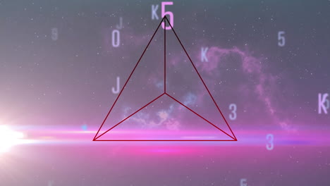 animación de números y letras cambiantes con triángulo y haz de luz sobre el cosmos