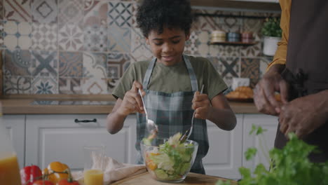 grandfather and grandson making a salad together