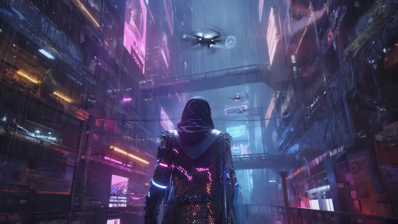 Cyberpunk Cityscape with Hooded Figure