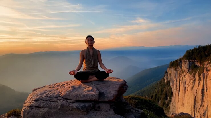 Mujer meditando en la cima de una montaña al atardecer